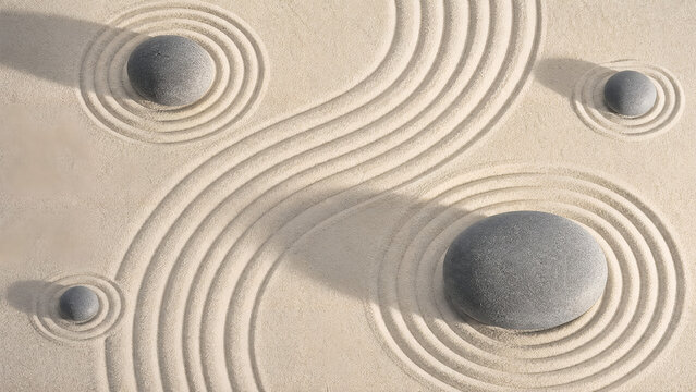 Zen garden sand with raked wave patterns, smooth grey meditation stones in rock garden, minimalist wellness background for spa and mindfulness