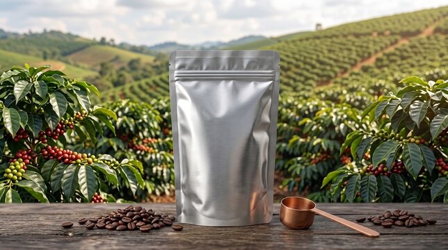silver pouch mockup with coffee beans on farm plantation
