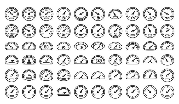 Speedometer and Gauge Hand Drawn Line Icon Set Vector