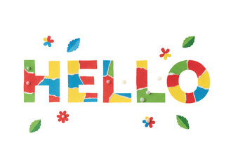 Colorful mosaic pixel art style hello text design with small decorative leaves and flower shapes © Riazuddin