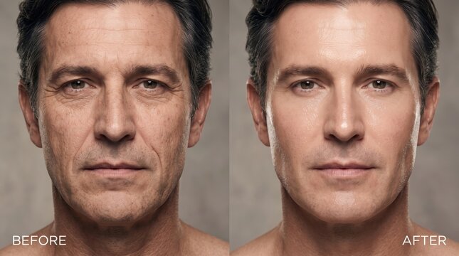 Before and After Anti Aging Skin Care Comparison Man Face Wrinkle Reduction and Collagen Treatment