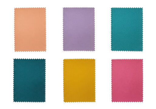 Six rectangular paper cards with scalloped edges in peach, lavender, teal, dark blue, yellow, and pink colors arranged on a black background