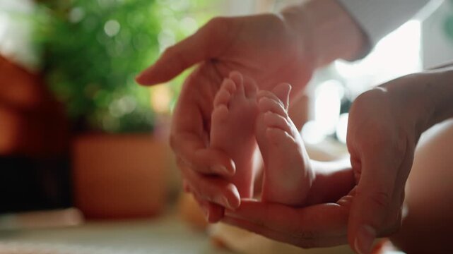 Close up of a mother's caring hands gently massaging the tiny feet of her newborn baby. Affectionate parental touch contributing to the infant's development and well being