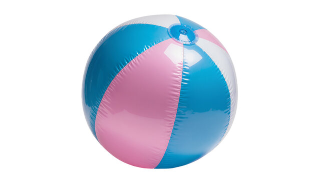 Inflatable beach ball with pink blue and white panels, isolated on transparent background
