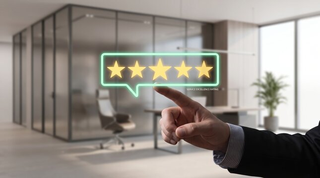 Businessman hand touching five star rating review hologram, service excellence in modern office environment, customer satisfaction feedback and quality assessment technology