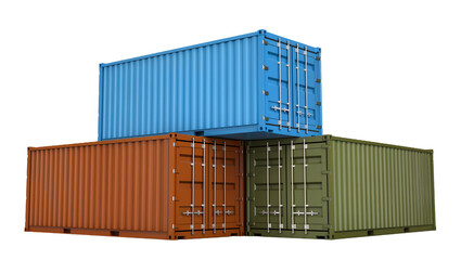 Fototapeta premium Three stacked shipping containers in blue orange and green, isolated on transparent background