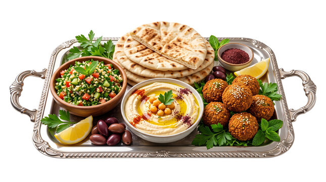 Middle Eastern mezze platter with falafel and hummus, traditional Mediterranean appetizer tray, vegetarian Lebanese food assortment on silver platter