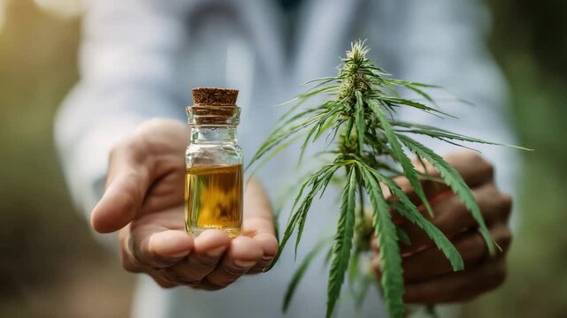 Cannabis Oil Extraction: A person holding a vial of golden cannabis oil and a fresh cannabis plant, symbolizing the natural extraction process and medicinal properties.
