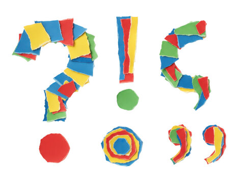 Colorful question mark exclamation point and punctuation symbols made of paper scraps collage