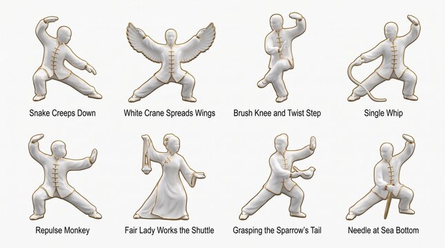 Set of ceramic figurines demonstrating traditional tai chi martial arts forms and graceful poses on white background