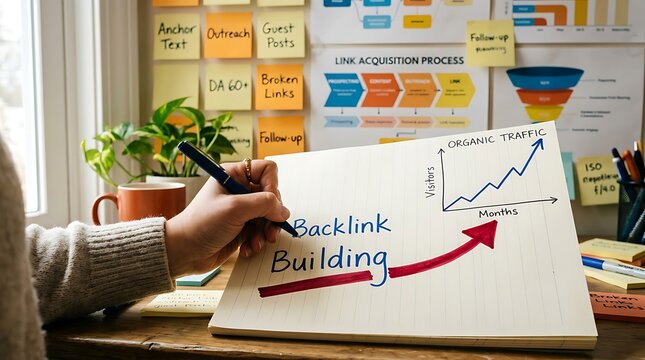Person drawing a backlink building strategy with organic traffic growth graph