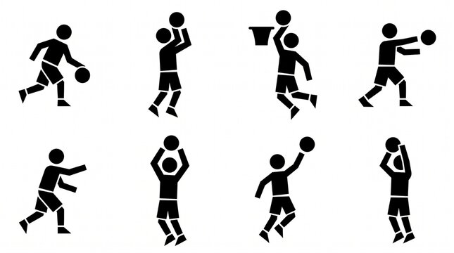 Basketball player icon set featuring stick figure silhouettes dribbling shooting dunking passing jumping and playing basketball action poses