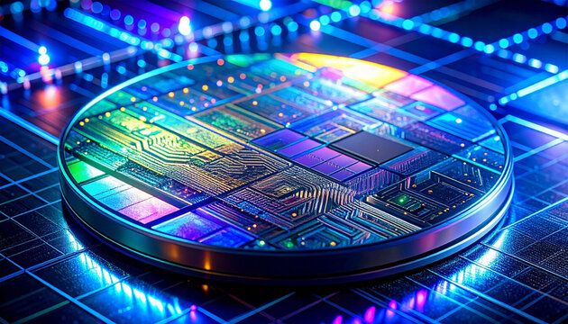 Vibrant, multicolored silicon wafer with intricate circuitry glowing on a blue illuminated electronic board, representing advanced technology and microelectronics.