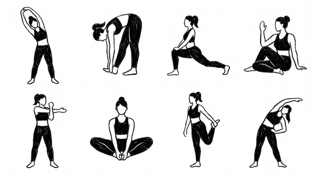 Black and white vector illustrations of a woman performing yoga and stretching poses for fitness wellness health and flexibility training routines