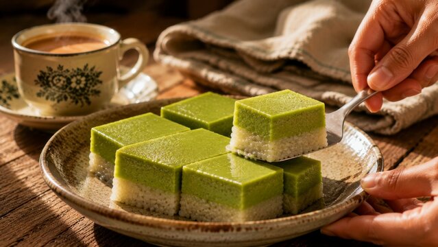 Traditional Malaysian Kuih Pandan Seri Muka Dessert with Hot Milk Tea Teh Tarik, Authentic Malaysia 