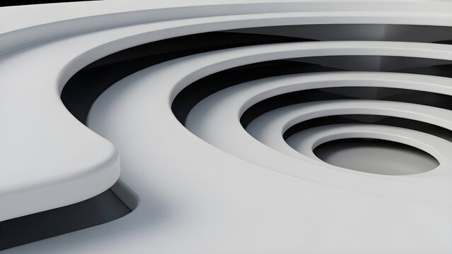 Abstract architectural detail of white concentric circular layers with deep dark shadows