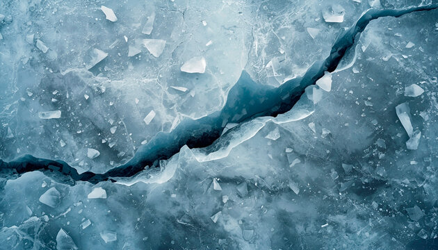 Abstract cracked blue ice texture with deep fissure and scattered frozen fragments, natural winter background, aerial view, cold frozen surface with detailed crystalline patterns.