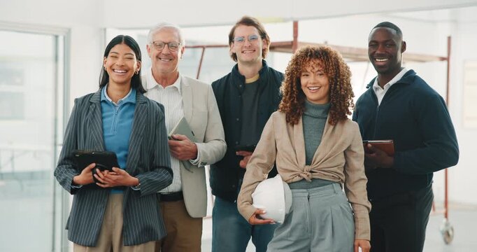 Architecture, face and team on site with pride, design group and about us as building planners. Happy, people and engineers with confidence, solidarity and diverse staff in infrastructure development