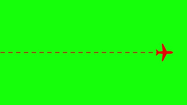 Red airplane animation with dotted flight path on green screen, travel concept motion aircraft aviation
