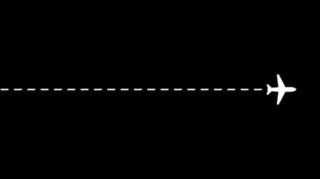 Airplane travel path animation with dashed line route on black background, flight