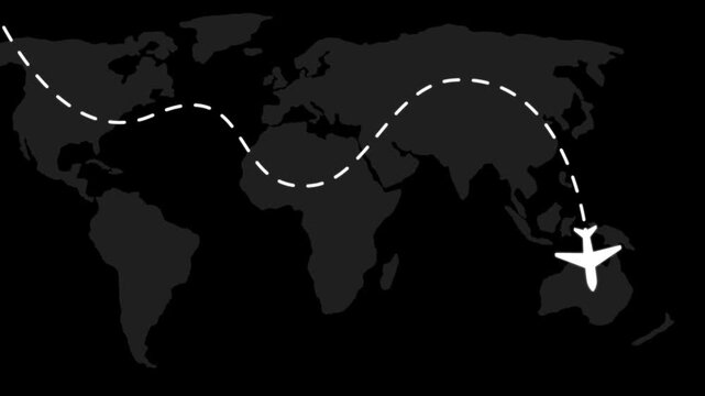 Animated airplane flight path tracking on map, global travel route concept animation