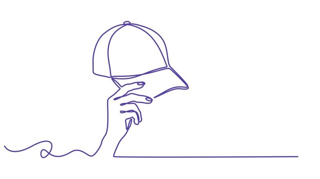 a hand holding a baseball cap animation continuous one line drawing, sports cap continuous one line drawing animation, Animated self drawing of continuous one line draw uniform cap or hat icon. Mockup