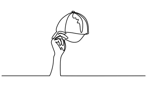 a hand holding a baseball cap animation continuous one line drawing, sports cap continuous one line drawing animation, Animated self drawing of continuous one line draw uniform cap or hat icon. Mockup