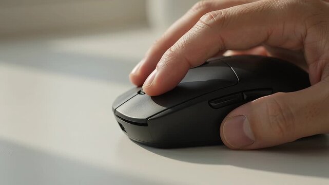 Computer mouse operating hand clicking a wireless black device on white surface in modern office workspace captured as high quality professional digital motion video clip