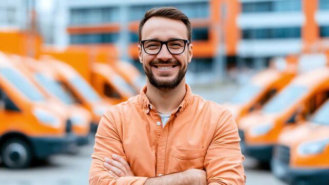Confident Delivery Driver: A smiling delivery driver with glasses and an orange shirt stands proudly in front of a row of orange delivery vans, embodying reliability and professionalism.