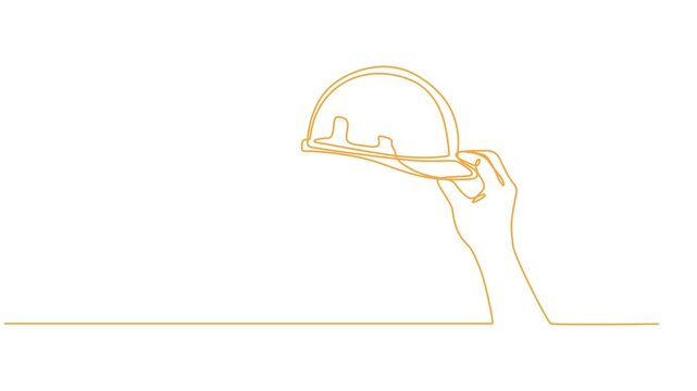 Animation one single line drawing of man holding builder construction helmet. Worker safety tools concept, Animated self drawing of continuous line draw hand of repairman holding construction helmet.