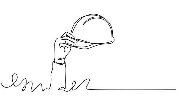 Animation one single line drawing of man holding builder construction helmet. Worker safety tools concept, Animated self drawing of continuous line draw hand of repairman holding construction helmet.