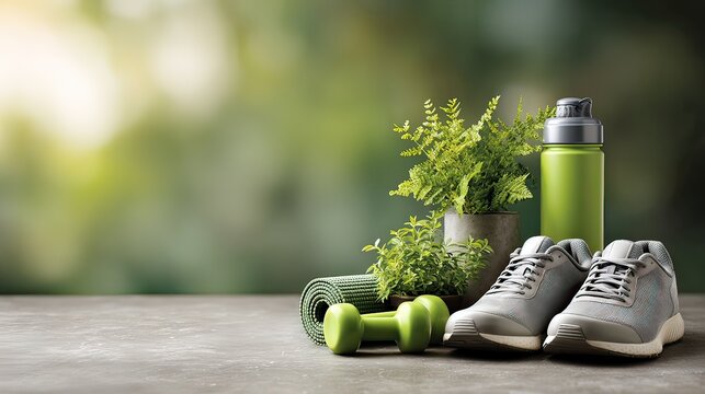 Fitness Equipment and Accessories for a Healthy Lifestyle with Green Elements on a Natural Background