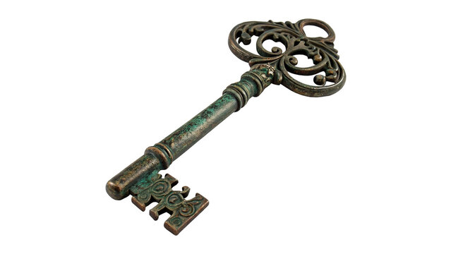 Vintage ornate antique bronze skeleton key secret riddle icon item isolated on transparent background
