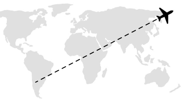 Animated airplane flight path across map global travel and logistics concept