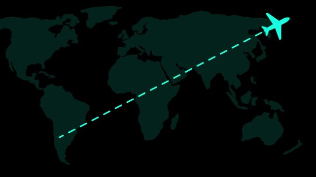 Animated airplane flight path over map: global travel and logistics concept