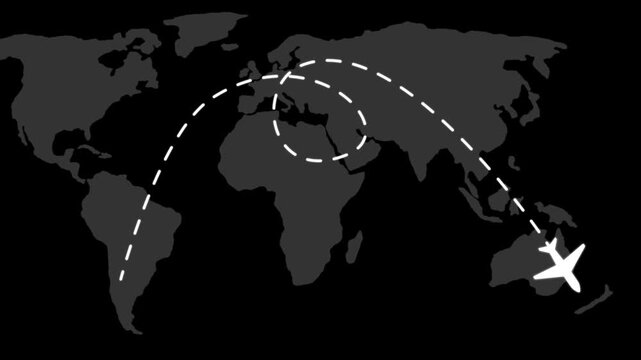 Animated airplane travel route on map: global flight path motion