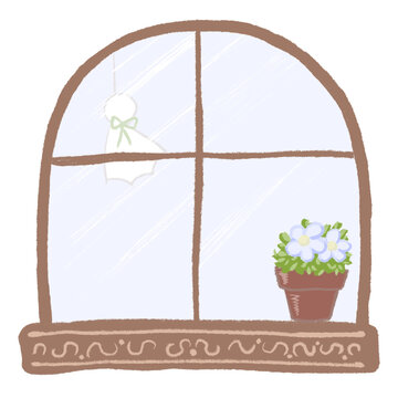 窓　植木鉢　花　てるてる坊主　西洋風　手書き　イラスト　アイコン　デザイン