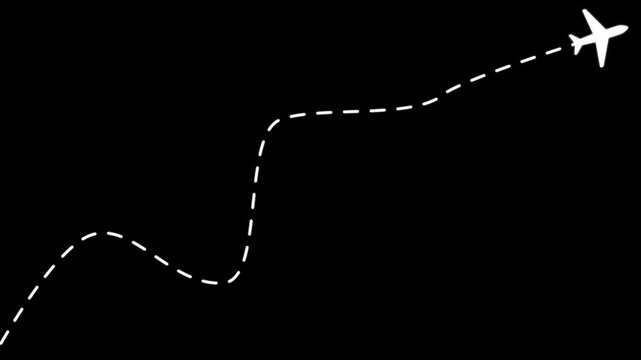 Animated airplane travel route map with dashed flight path on black background