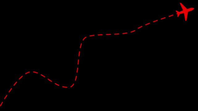 Red airplane following a dotted path animation on black background, aircraft travel flight