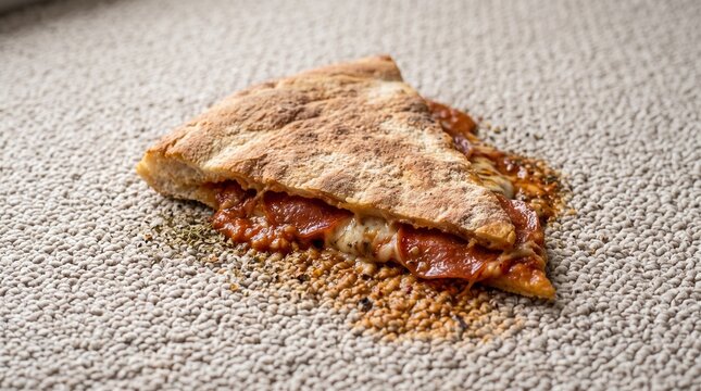 Single slice of pepperoni pizza on carpet. Fast food snack dropped on the floor.
