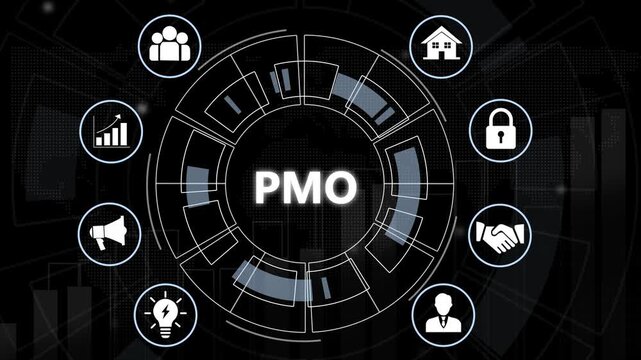 Project management office pmo concept infographic with animated digital interface representing strategic planning, business growth, team collaboration, data analysis, and corporate infrastructure