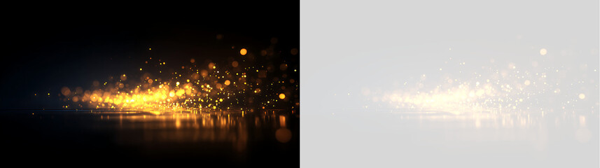 Wide stream of glowing golden bokeh particles on transparent background. Sparkling glitter dust light effect with surface reflection © Василий Куриленко