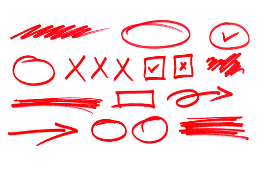 Collection of thick red hand drawn marker arrows circles underlines and scribble symbols