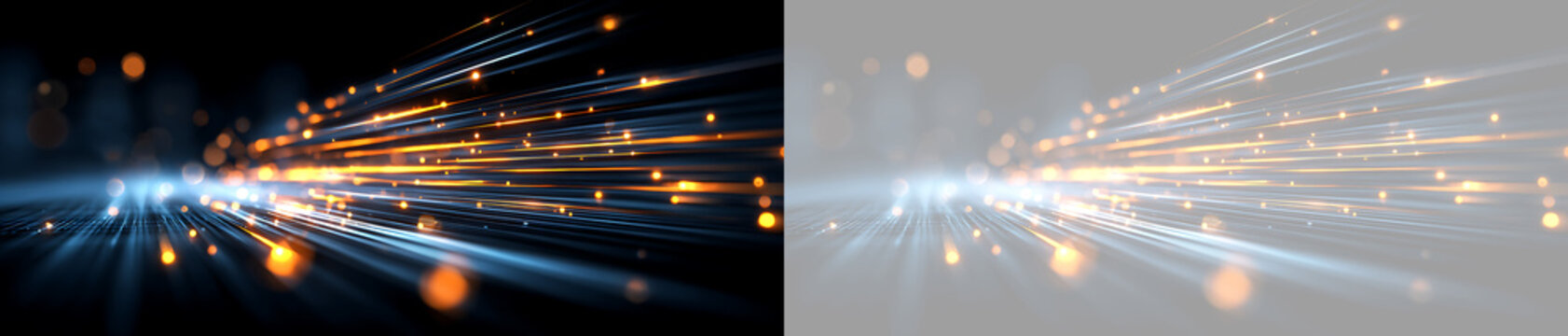 High speed light trails and glowing particles on dark and transparent background. Abstract technology fiber optic data transfer concept
