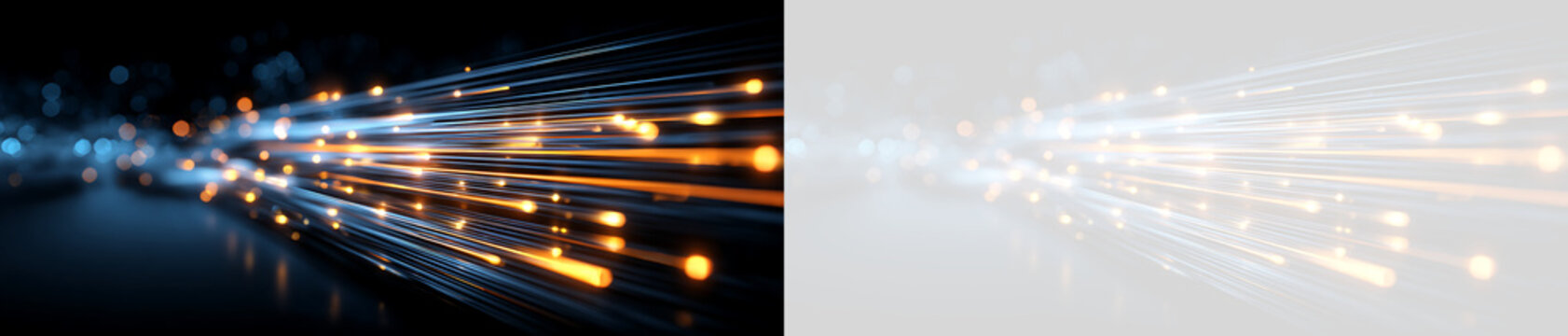 Abstract speed of light trails with blue and orange glowing particles. Digital high speed data streaming technology background