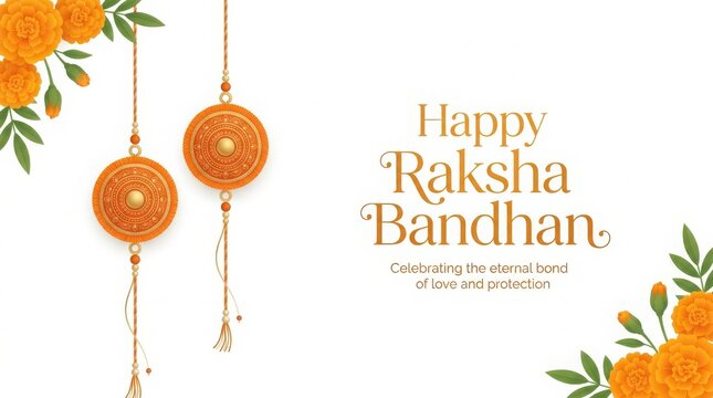 Happy raksha bandhan greeting card with traditional rakhi bracelets and marigold flowers on white background.