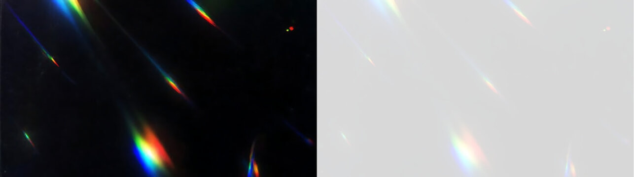 Rainbow light refraction overlay with prism lens flare. Spectral light leak effect isolated on transparent background