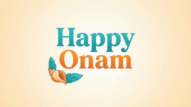 Happy onam celebration greeting card with traditional conch shell and teal leaves on minimal cream background design.