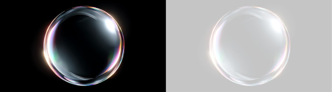Realistic iridescent soap bubble isolated graphic element. Transparent bubble with rainbow sheen on black and grid background