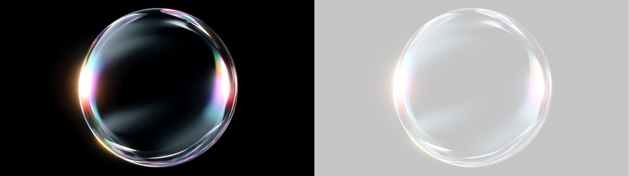 Realistic transparent soap bubble graphic overlay. Iridescent clear sphere isolated on black and transparent background
